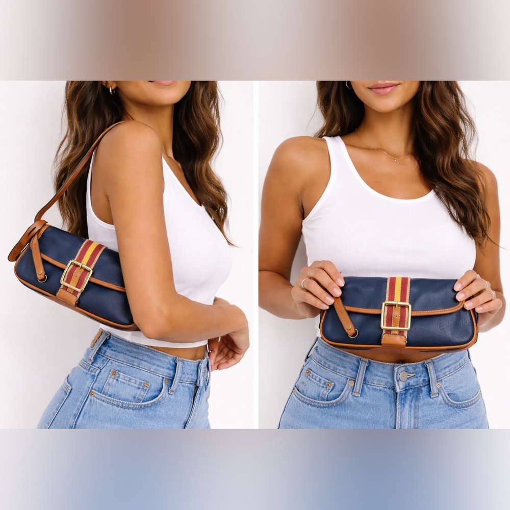 Isaac Mizrahi Navy Leather shoulder  with Striped Buckle Strap